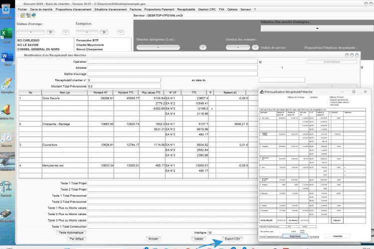 nouvel export Microsoft Excel des récapitulatifs chantiers du logiciel de suivi de Chantier Gescant Mac et PC v20.01