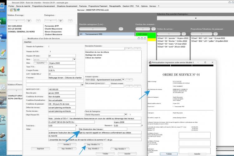 nouvelle possibilité modification libellé modèle 3b d'ordre de service du logiciel de suivi de chantier Gescant Mac et PC v20.01