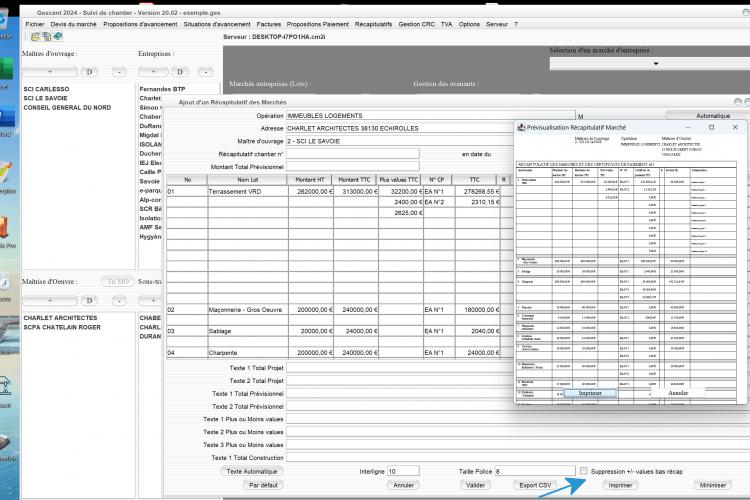 possibilité suppression plus ou moins values du récapitulatif des marchés du logiciel de suivi de chantier Gescant Mac et PC v20.02