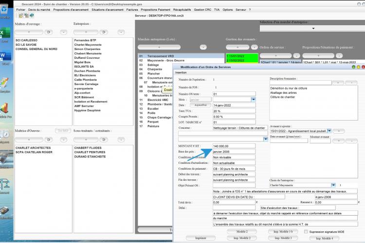 nouveau marché de base automatique lors de la création d'un ordre de service du logiciel de suivi de chantier Gescant Mac et PC v20.05