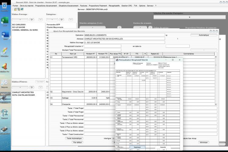 nouveaux totaux Certificats de Paiement CP et Restant dû du récapitulatifs global du marché du logiciel de suivi de chantier Gescant Mac et PC v20.07