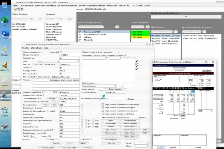 report automatique du numéro de facture sur certificat paiement 3 du logiciel suivi de chantier Gescant Mac et PC v20.07