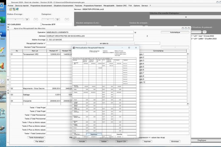 amélioration de l'export du récapitulatif des marchés du logiciel de suivi de chantier Gescant Mac et PC 20.09