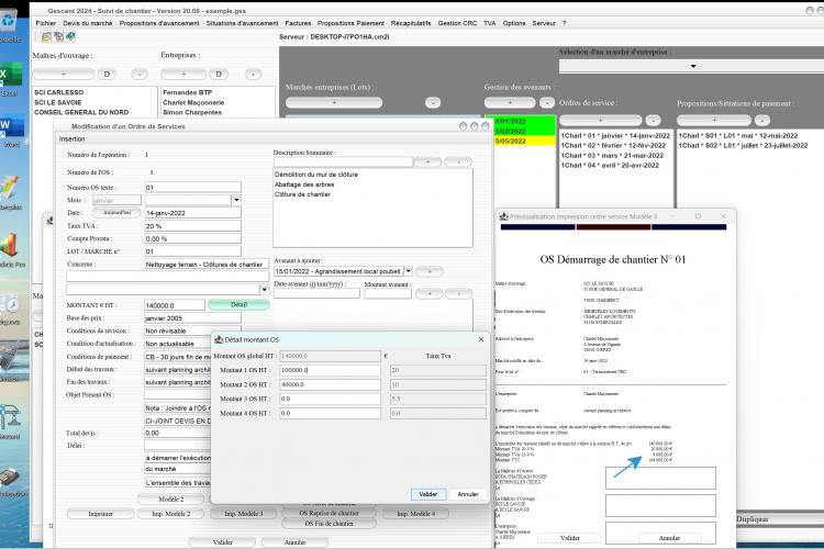 nouvelle gestion multi taux tva sur modèle 3b d'ordre de service du logiciel de suivi de chantier Gescant Mac et PC v20.08