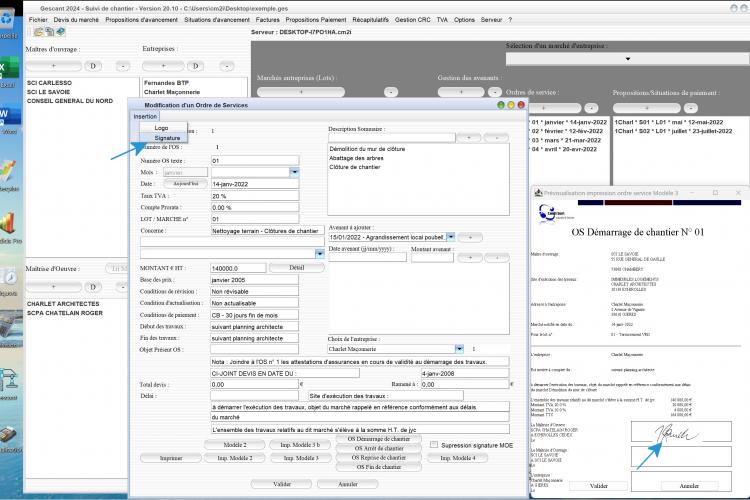nouvelle possibilité d'insertion d'une signature scannee sur les ordres de service du logiciel suivi de chantier Gescant Mac et PC v20.10