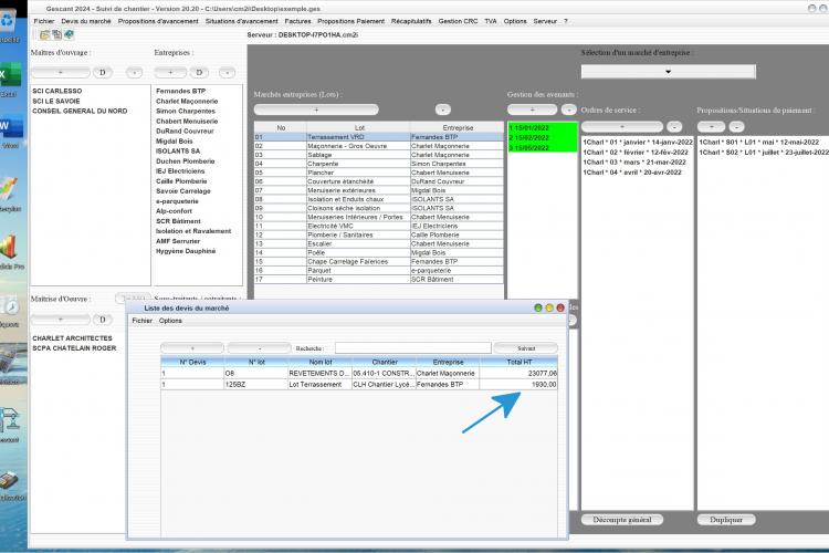nouvelle indication du montant des devis sur la liste des devis du logiciel de suivi de chantier Gescant Mac et PC v20.20