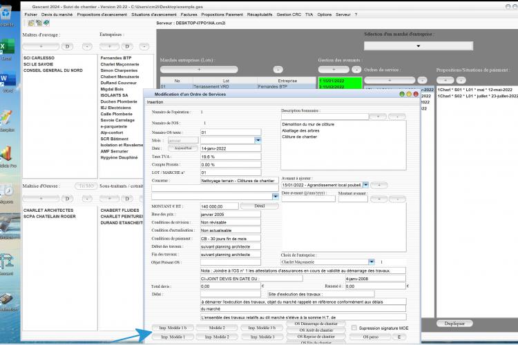 nouveau modèle 1 b d'ordre de service du logiciel de suivi de chantier Gescant Mac et PC v20.22