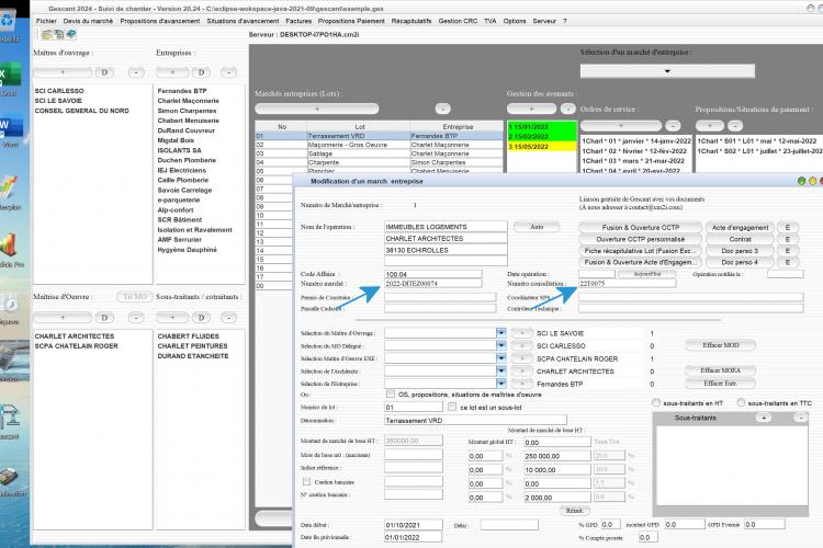 nouvelle gestion des numéro de marché et numéro de consultation dans les lots du logiciel de suivi de chantier Gescant Mac et PC v20.24