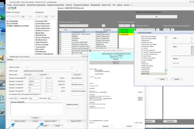 nouveau choix de police sur les modèles d'avenants du logiciel de suivi de chantier Gescant 2025 Mac et PC v21.01