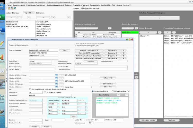 nouveaux codes couleurs dans les marchés initiaux pour les cotraitants et sous traitants du logiciel de suivi de chantier Gescant Mac et PC v21.06