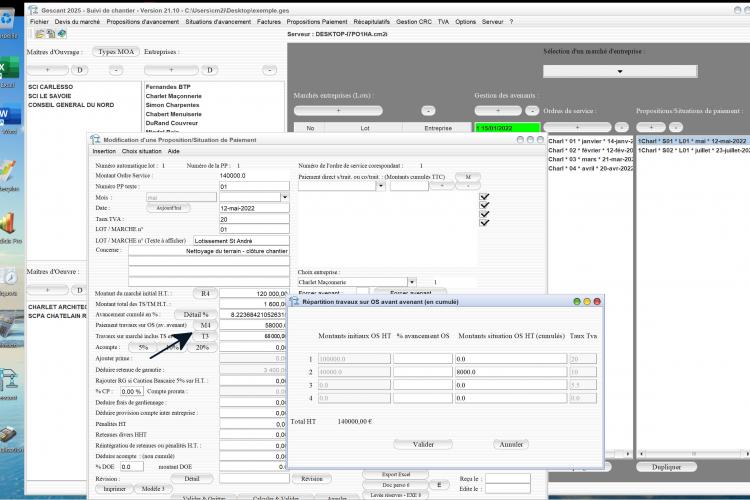 Capture du logiciel Gescant Mac et PC version 21.10 illustrant l’amélioration de la gestion des paiements sur ordres de service sans avenant pour le suivi de chantier en maîtrise d’œuvre