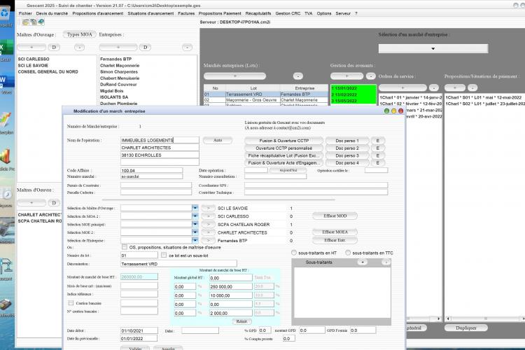 Capture du logiciel Gescant Mac et PC version 21.07 montrant l’amélioration de la sélection des maîtres d’œuvre des lots et marchés pour le suivi de chantier