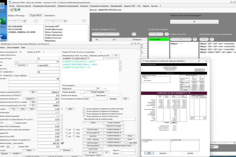 Capture du logiciel Gescant Mac et PC version 21.09 montrant la nouvelle gestion des paiements de travaux sur le certificat de paiement modèle 3 pour le suivi de chantier en maîtrise d’œuvre