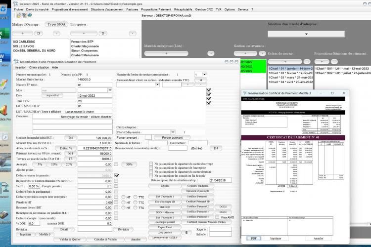 Capture du logiciel Gescant Mac et PC version 21.11 illustrant l’amélioration de la gestion multi-TVA dans le certificat de paiement modèle 3 pour le suivi de chantier en maîtrise d’œuvre