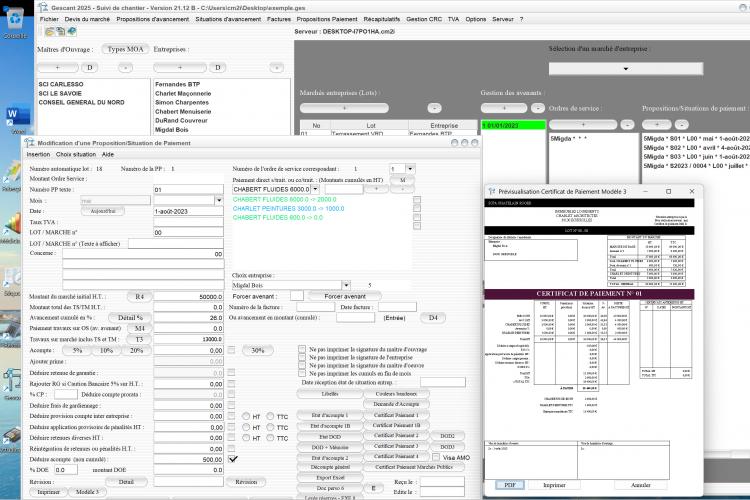 Capture du logiciel Gescant Mac et PC version 21.12 montrant l’amélioration du modèle 3 de certificat de paiement pour le suivi de chantier en maîtrise d’œuvre