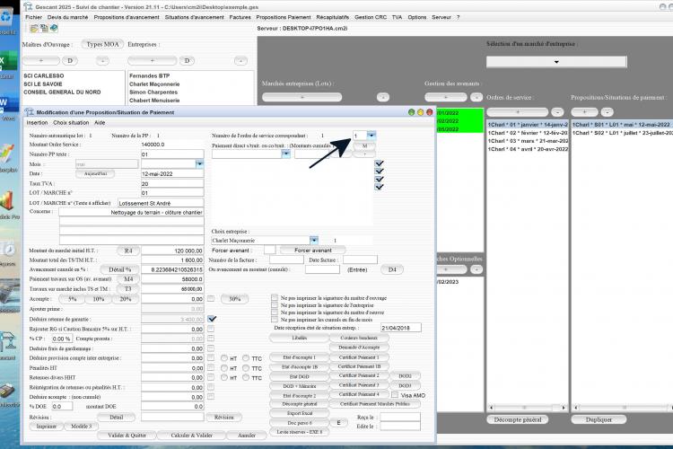 Capture du logiciel Gescant Mac et PC version 21.11 montrant la nouvelle sélection de l’ordre de service dans les situations pour le suivi de chantier en maîtrise d’œuvre