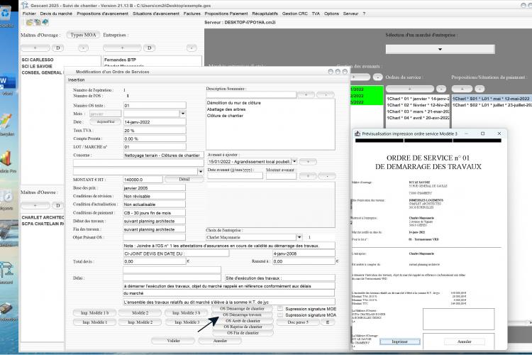 Capture du logiciel Gescant Mac et PC version 21.13 présentant le nouveau modèle d’ordre de service pour le démarrage des travaux dans le suivi de chantier en maîtrise d’œuvre