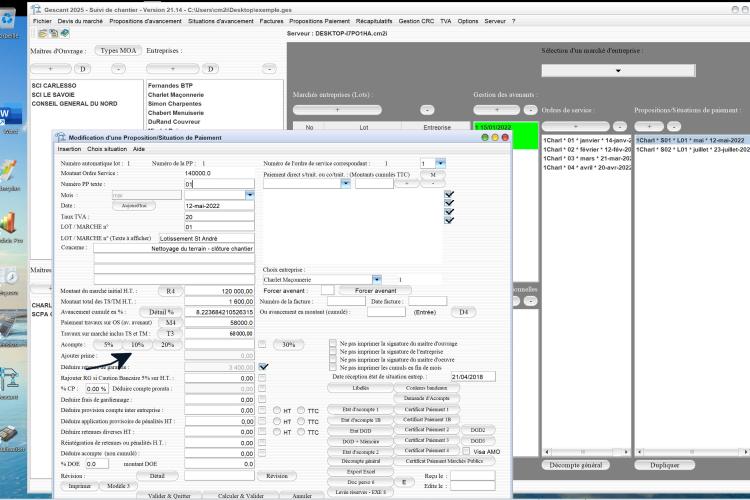 Capture du logiciel Gescant Mac et PC version 21.14 montrant l’amélioration de la gestion des acomptes dans les situations de démarrage des travaux pour le suivi de chantier en maîtrise d’œuvre