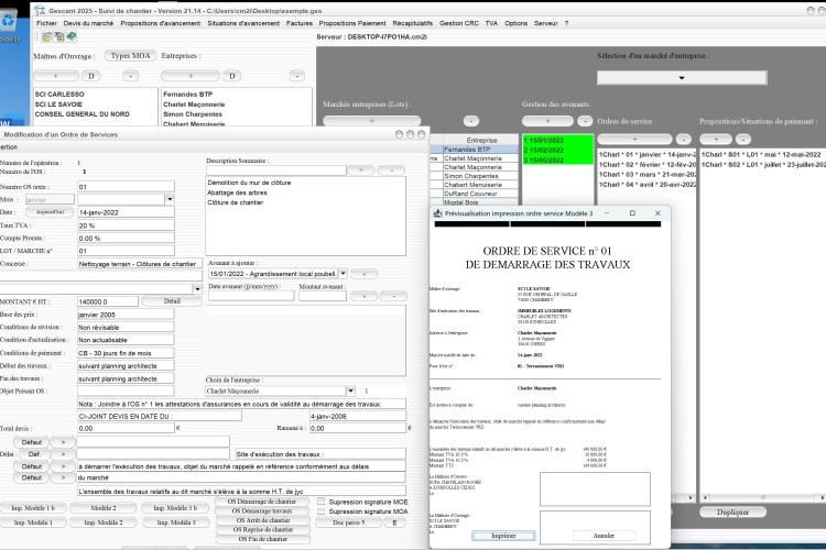 Capture du logiciel Gescant Mac et PC version 21.14 montrant l’amélioration du nouveau modèle d’ordre de service pour le démarrage des travaux dans le suivi de chantier en maîtrise d’œuvre