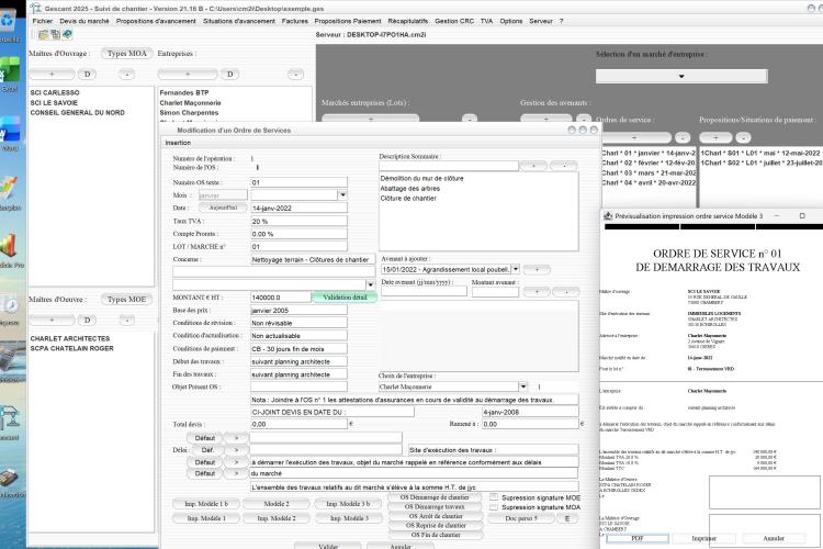 Capture du logiciel Gescant Mac et PC version 21.16 montrant les nouveaux PDF automatiques pour les ordres de service dans le suivi de chantier en maîtrise d’œuvre