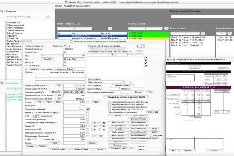 Capture du logiciel Gescant version 21.17 illustrant l’amélioration du certificat de paiement modèle 3 pour le suivi de chantier en maîtrise d’œuvre