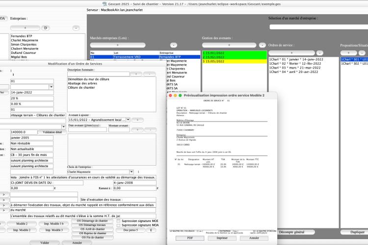 Capture du logiciel Gescant version 21.17 illustrant l’amélioration du modèle 2 d’ordre de service pour le suivi de chantier en maîtrise d’œuvre