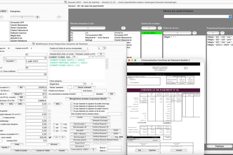 Capture d'écran de l'amélioration de la gestion des sous-traitants avec le modèle 2 de certificat de paiement dans le logiciel de suivi de chantier Gescant, version 2119, destiné aux architectes et professionnels de la maîtrise d'œuvre