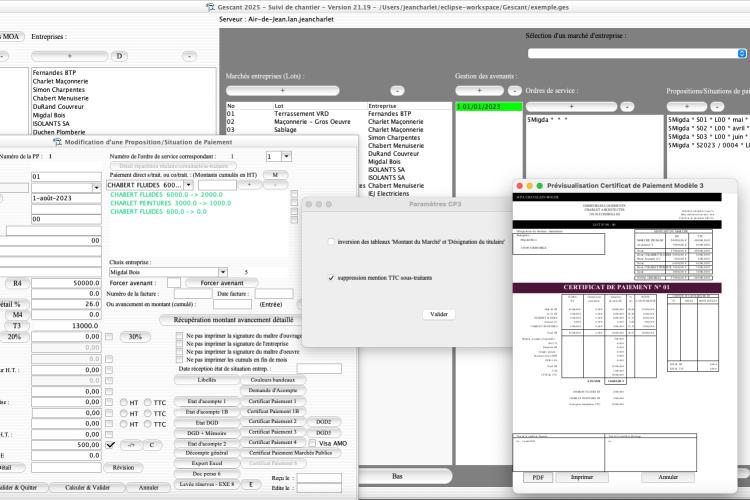 Capture d'écran de l'amélioration de la gestion des sous-traitants avec le modèle 3 de certificat de paiement dans le logiciel de suivi de chantier Gescant, version 2119, destiné aux architectes et professionnels de la maîtrise d'œuvre