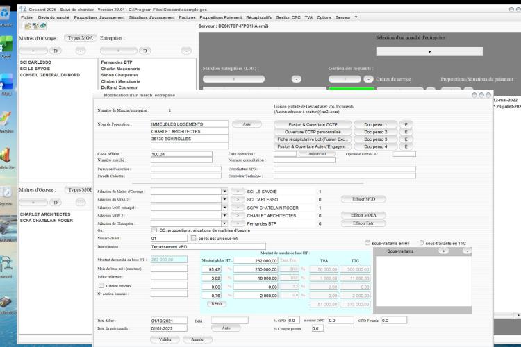 Capture d'écran de la nouvelle gestion de la TVA et du TTC sur le marché de base des lots dans le logiciel de suivi de chantier Gescant pour Mac et PC, version 2201, destiné aux architectes et professionnels de la maîtrise d'œuvre