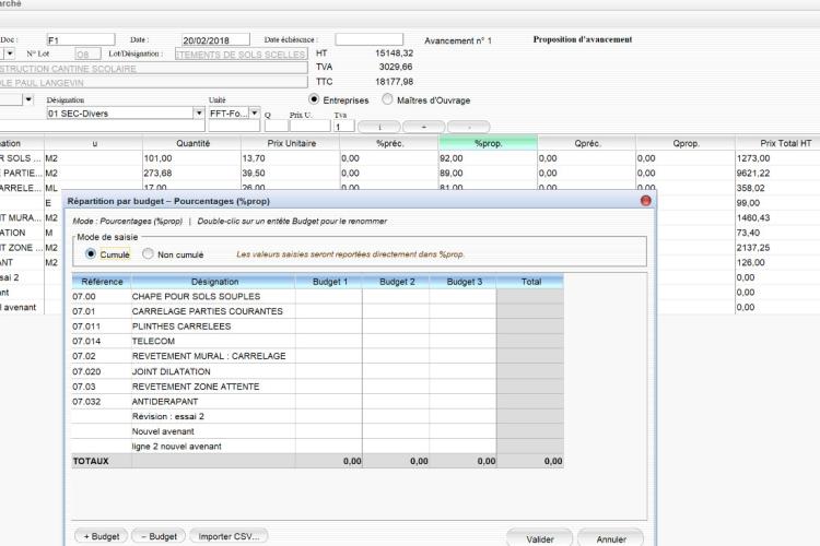 Capture d'écran du nouvel import par budget ou lieu d'exécution des pourcentages réalisés des entreprises dans le logiciel de suivi de chantier Gescant pour Mac et PC, version 2203, destiné aux architectes et professionnels de la maîtrise d'œuvre