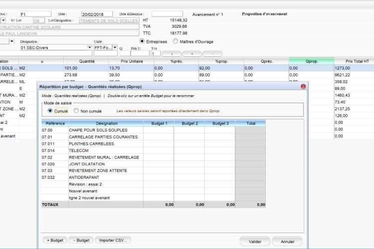 Capture d'écran du nouvel import par budget ou lieu d'exécution des quantités réalisées dans le logiciel de suivi de chantier Gescant pour Mac et PC, version 2203, destiné aux architectes et professionnels de la maîtrise d'œuvre