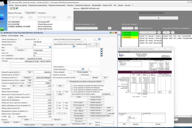Capture d'écran de l'amélioration du modèle 3 de certificat de paiement dans le logiciel de suivi de chantier Gescant pour Mac et PC, version 2204, destiné aux architectes et professionnels de la maîtrise d'œuvre