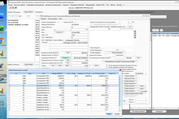 Capture d'écran de la nouvelle gestion multi-TVA des avancements dans le logiciel de suivi de chantier Gescant pour Mac et PC, version 2204, destiné aux architectes et professionnels de la maîtrise d'œuvre