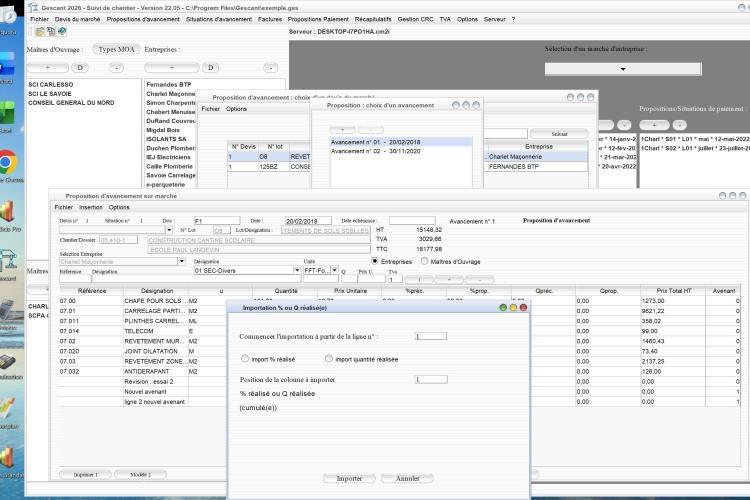 Capture d'écran de l'amélioration des imports de quantités réalisées ou pourcentages d'avancement dans les propositions détaillées du logiciel de suivi de chantier Gescant pour Mac et PC, version 2205, destiné aux architectes et professionnels de la maîtrise d'œuvre
