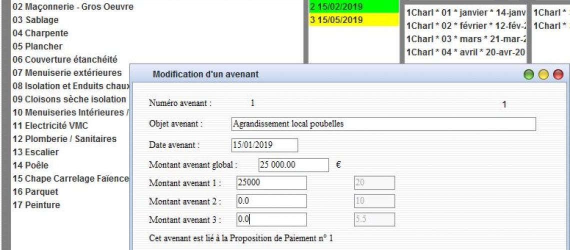 Gestions des avenants du suivi de chantier Gescant avec 3 taux de Tva