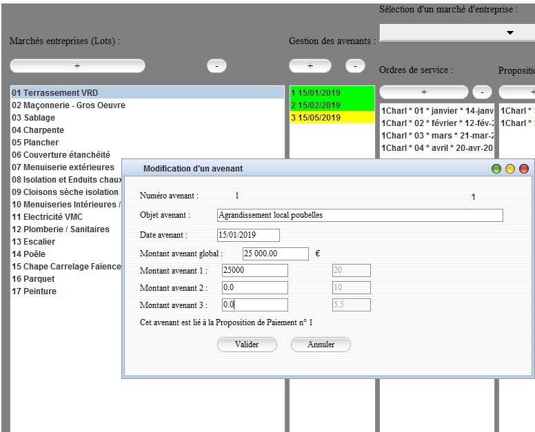 Gestions des avenants du suivi de chantier Gescant avec 3 taux de Tva